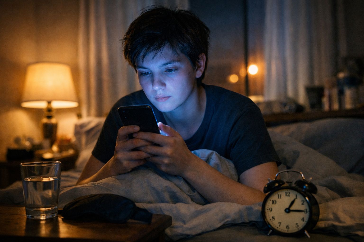 Pessoa deitada na cama à noite usando celular, com copo d'água e relógio próximo.