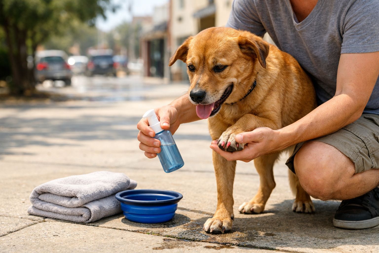 Pessoa aplicando spray no pelo de cachorro ao ar livre, com toalha e pote de água ao lado.