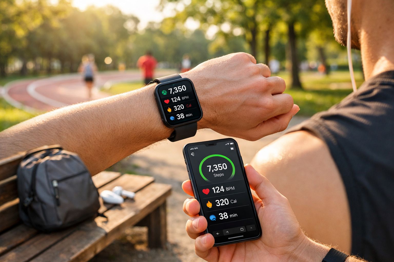 Pessoa conferindo pulseira e celular com dados de passos, batimentos cardíacos, calorias e tempo de atividade na rua.