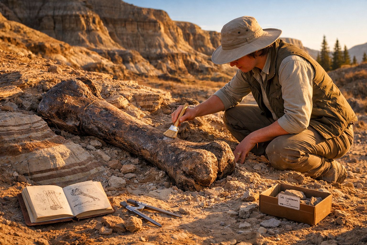 Arqueólogo limpa cuidadosamente um grande osso fóssil enterrado na terra seca durante escavação.