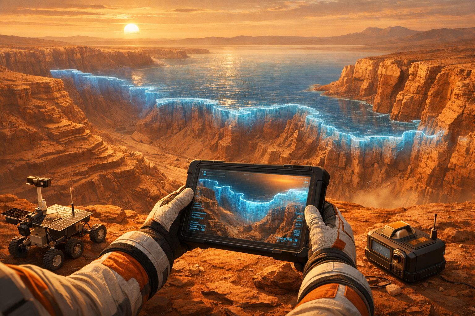 Pessoa em traje espacial analisa tablet com mapa holográfico de cânion em paisagem marciana ao pôr do sol.