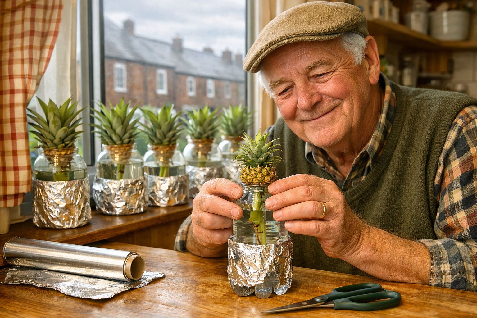 Idoso cuidando de mini abacaxis em garrafas de vidro em uma cozinha iluminada.
