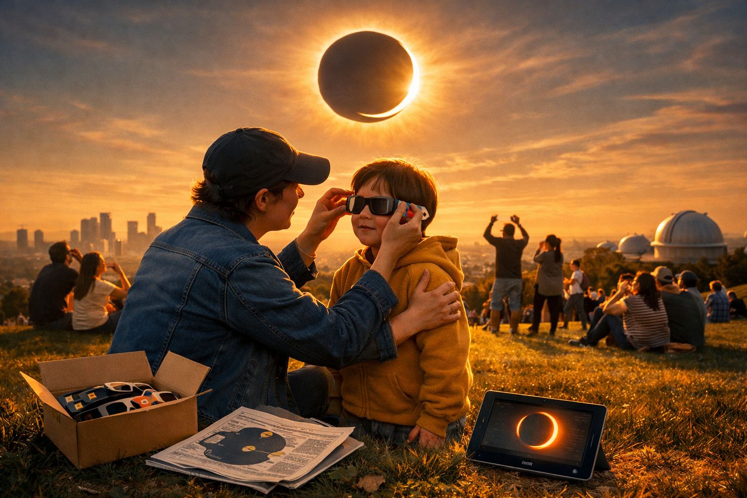 Adulto ajusta óculos de proteção para criança observar eclipse solar com diversas pessoas ao fundo.