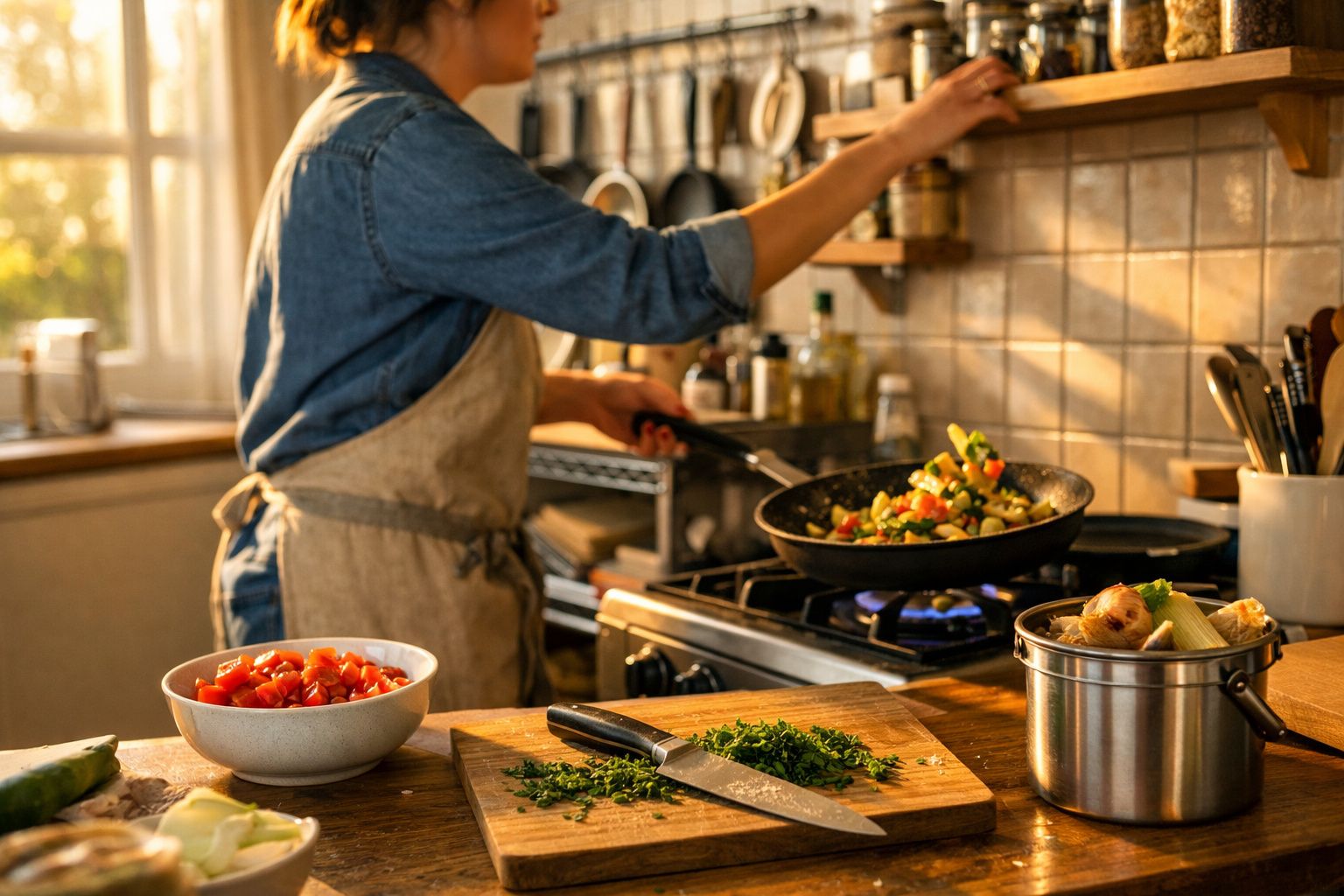 Pessoa preparando legumes refogados na panela, com ingredientes frescos em bancada de cozinha iluminada.
