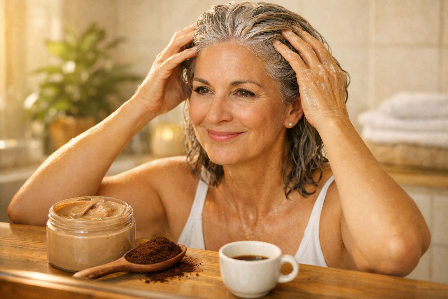 Mulher madura aplicando creme no cabelo, com café e café moído sobre a mesa em ambiente iluminado.