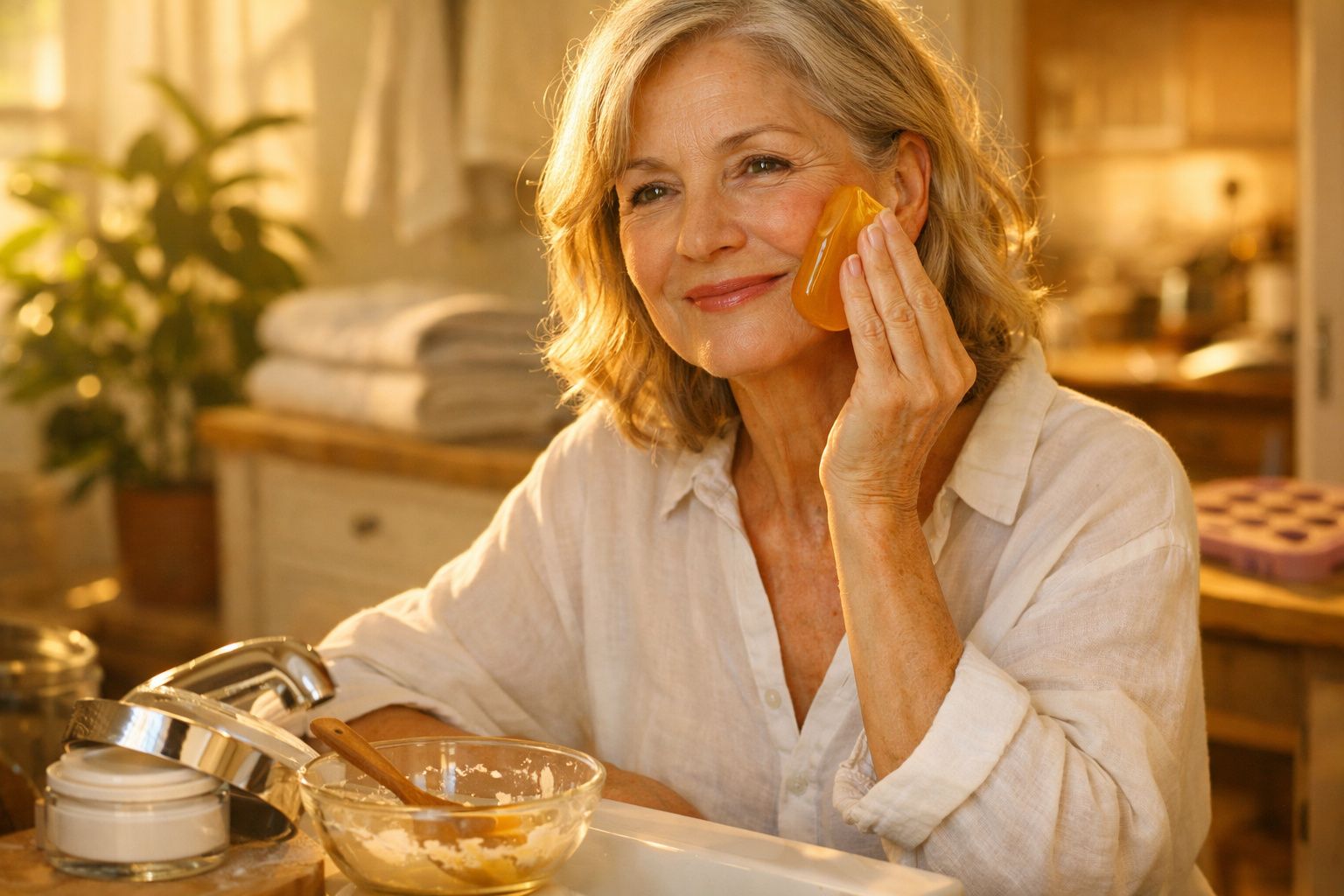 Mulher sorridente aplicando pedra de âmbar no rosto em ambiente claro e aconchegante.