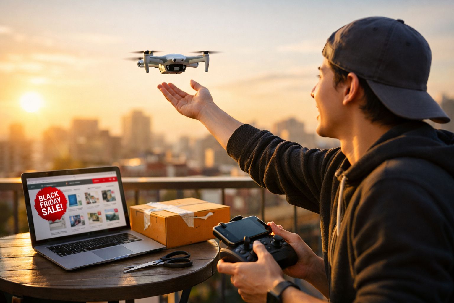 Pessoa controlando drone com controle remoto em varanda ao pôr do sol, laptop e caixa sobre mesa.
