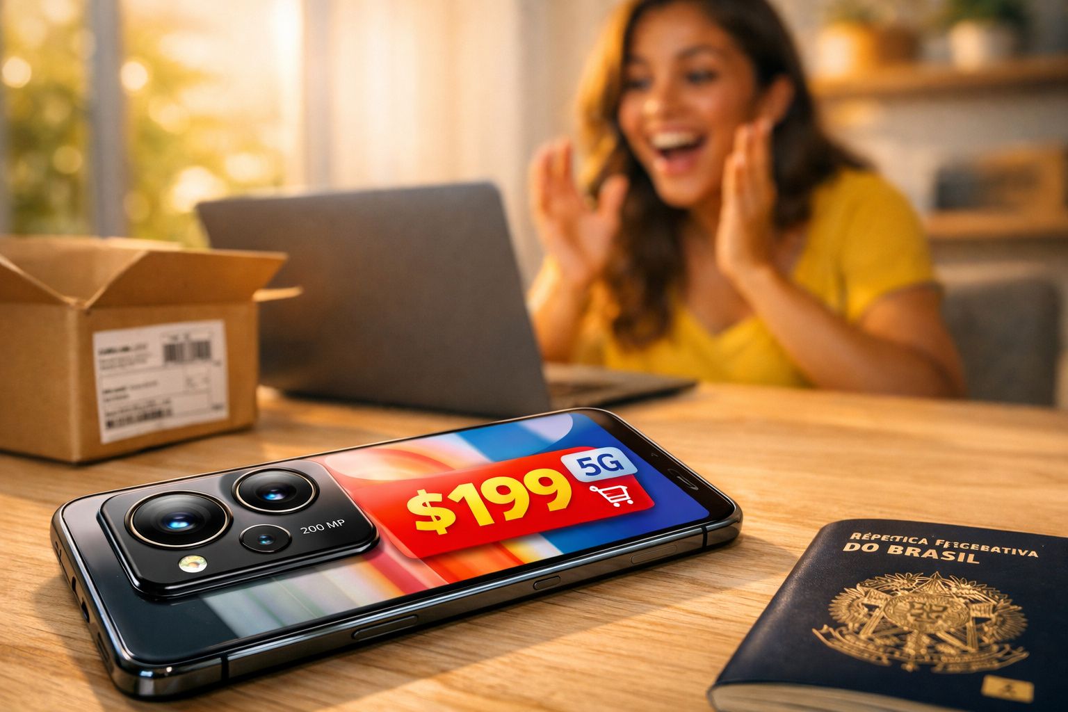 Smartphone preto exibindo promoção de $199 5G sobre a mesa, com caixa, passaporte e mulher animada ao fundo.