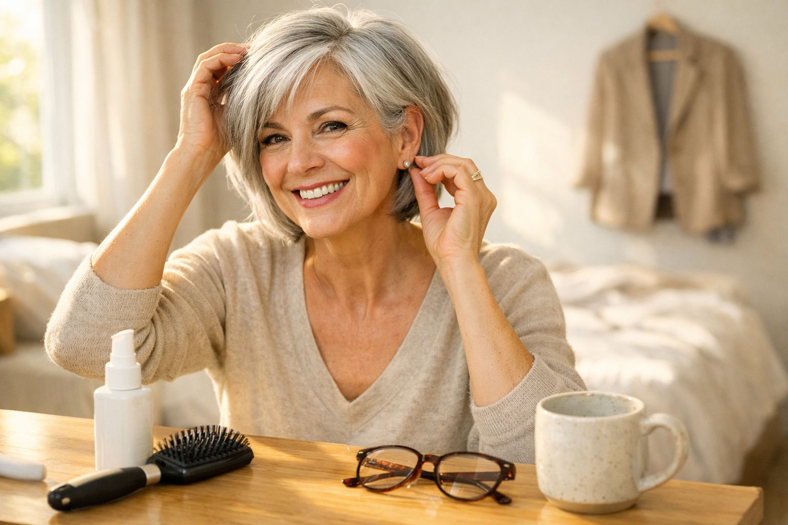 Mulher madura sorridente ajustando o cabelo em mesa com acessórios de beleza e caneca.