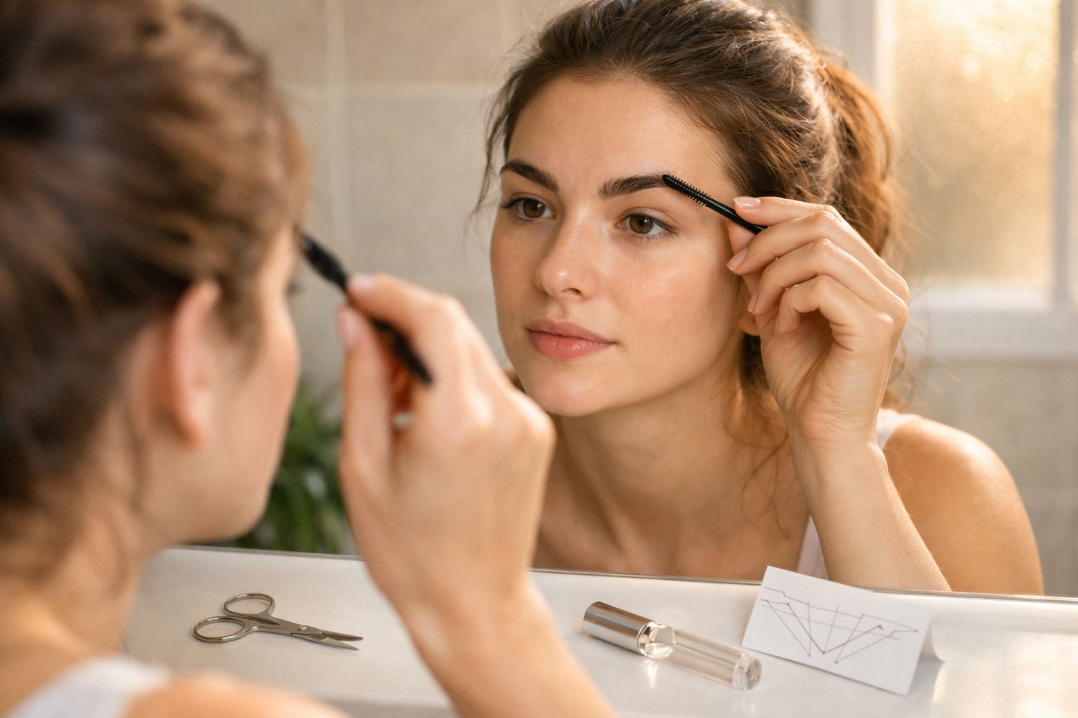 Mulher olhando no espelho enquanto penteia as sobrancelhas com escova pequena.