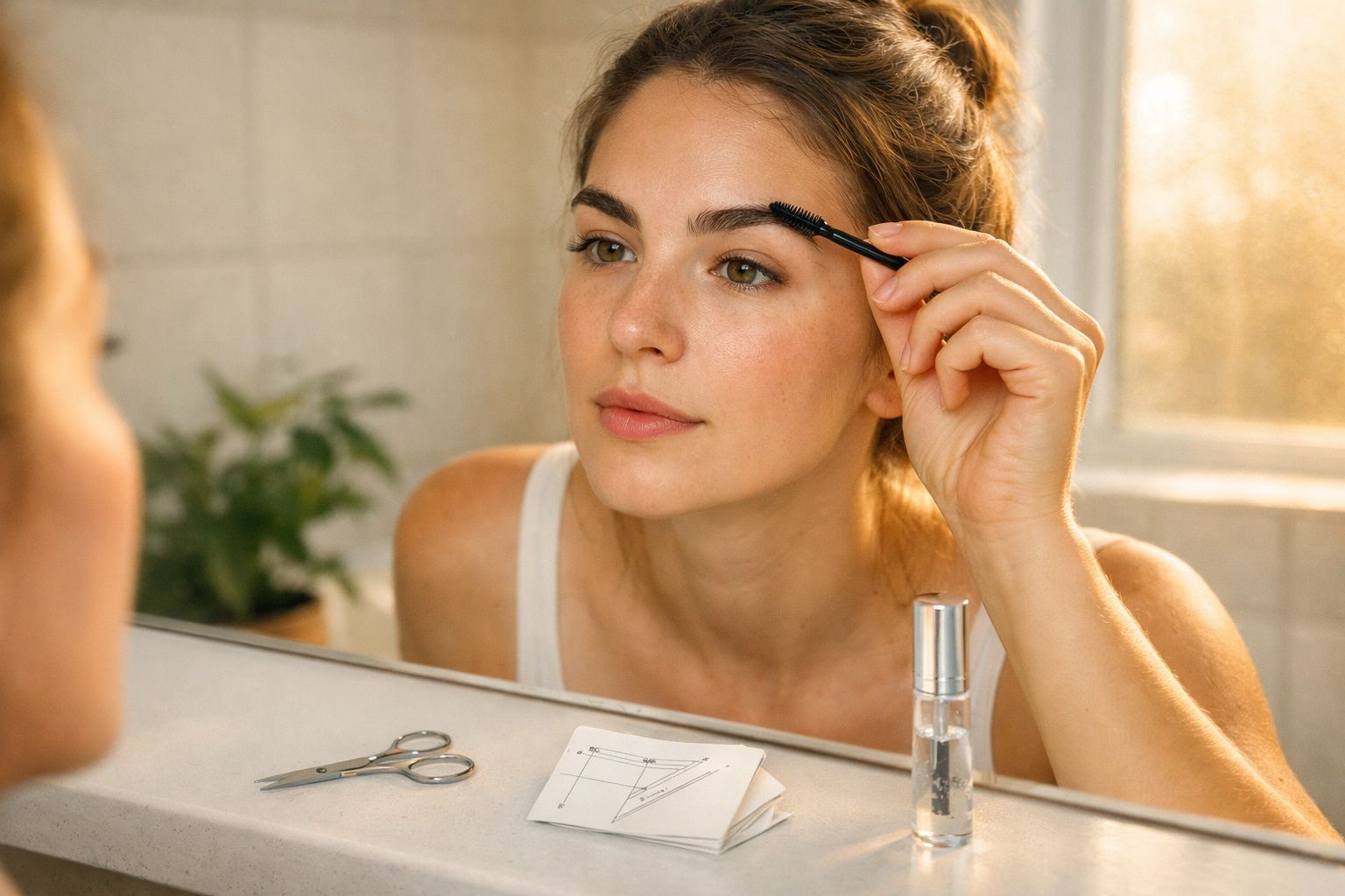 Mulher aplicando rímel nas sobrancelhas em frente ao espelho no banheiro iluminado pela luz natural.