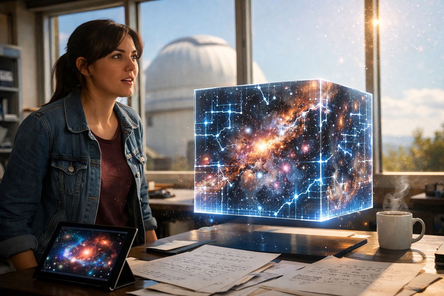Mulher observa cubo holográfico com galáxia brilhante, em ambiente com mesa, caderno e xícara de café.