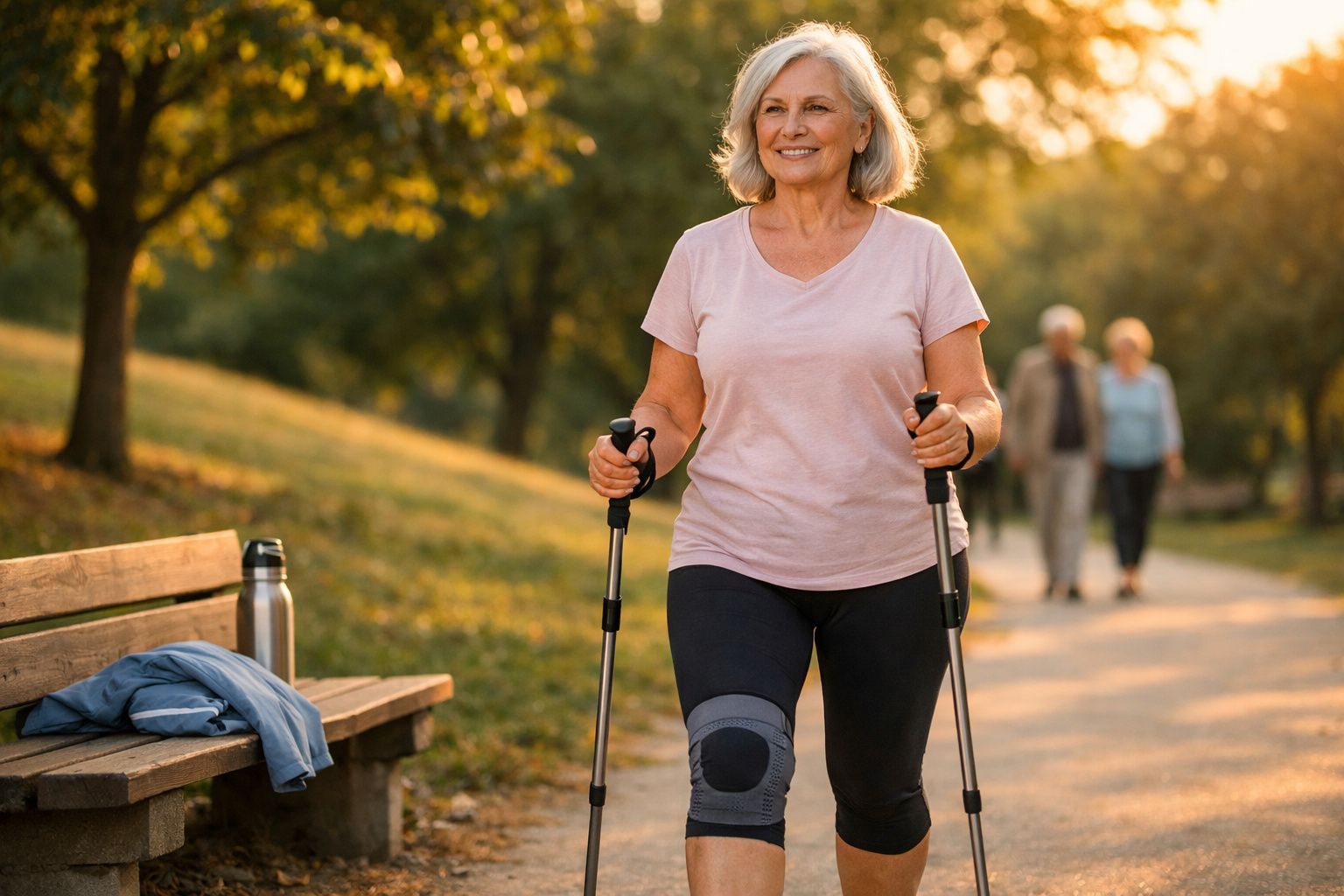 Mulher sorridente caminhando com bastões de caminhada em parque ao ar livre no fim de tarde.