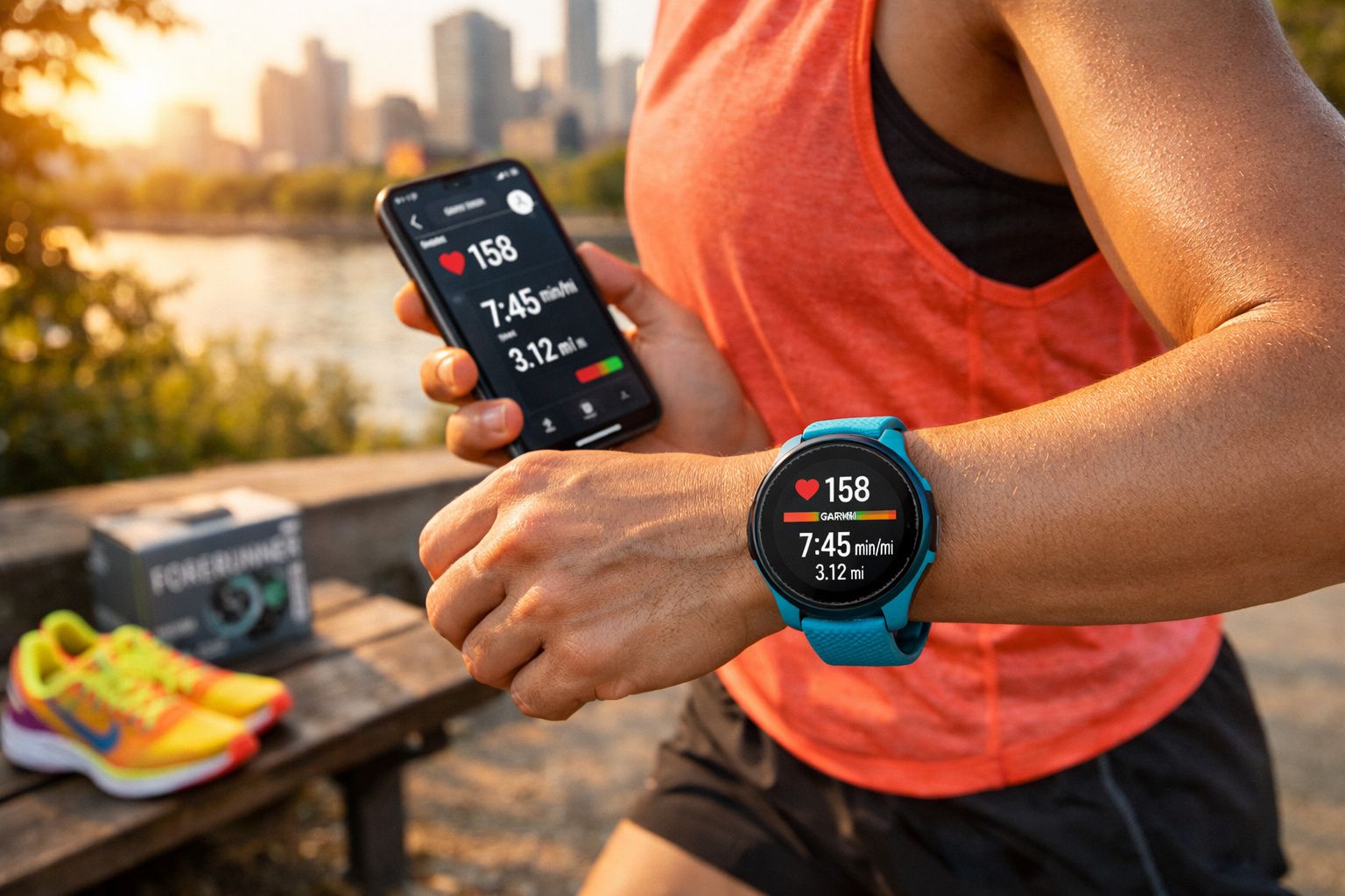 Pessoa segurando celular e conferindo relógio esportivo Garmin azul durante corrida ao ar livre no fim do dia.