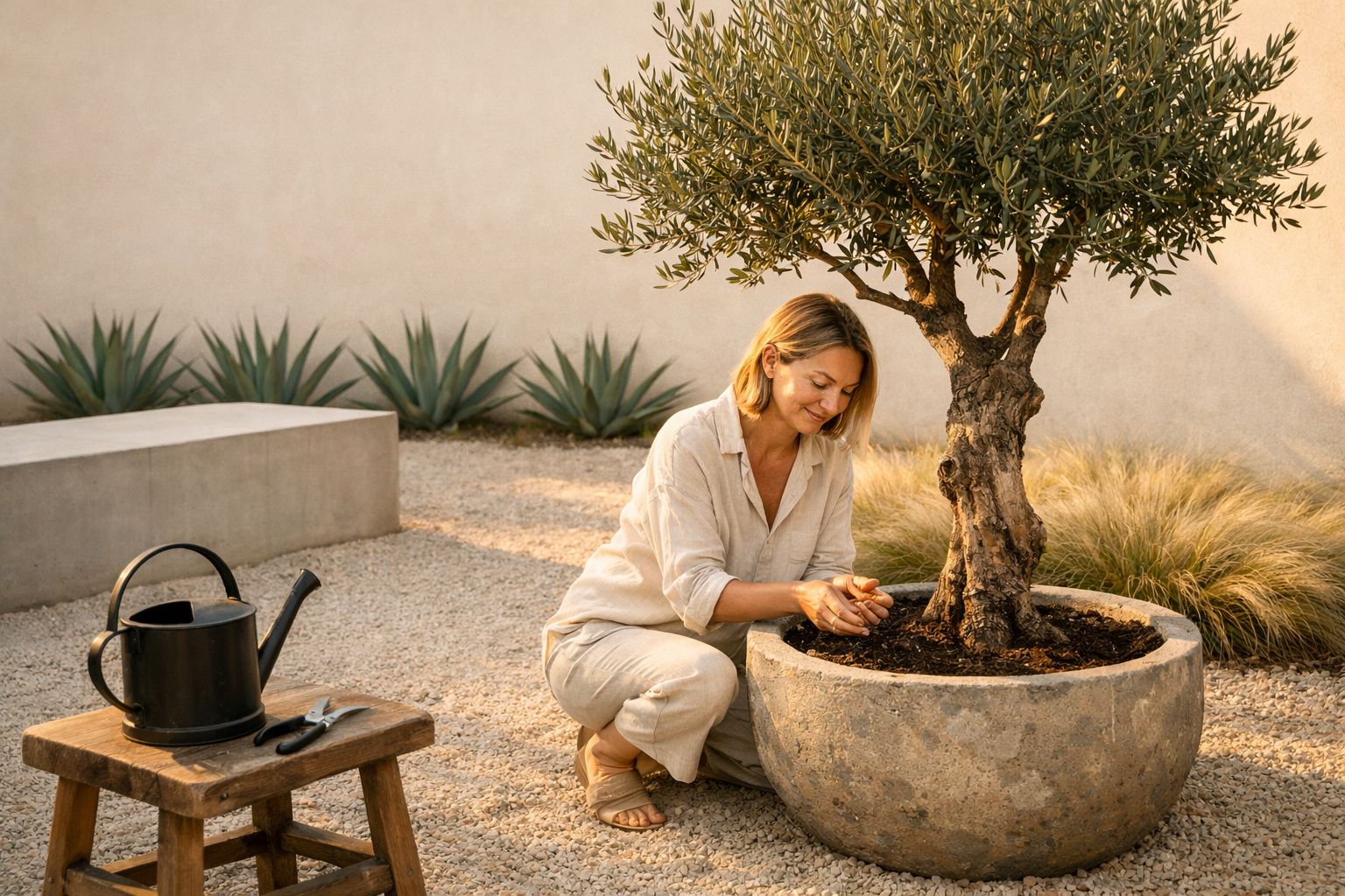 Mulher cuidando de planta em vaso grande ao ar livre em ambiente ensolarado e tranquilo.