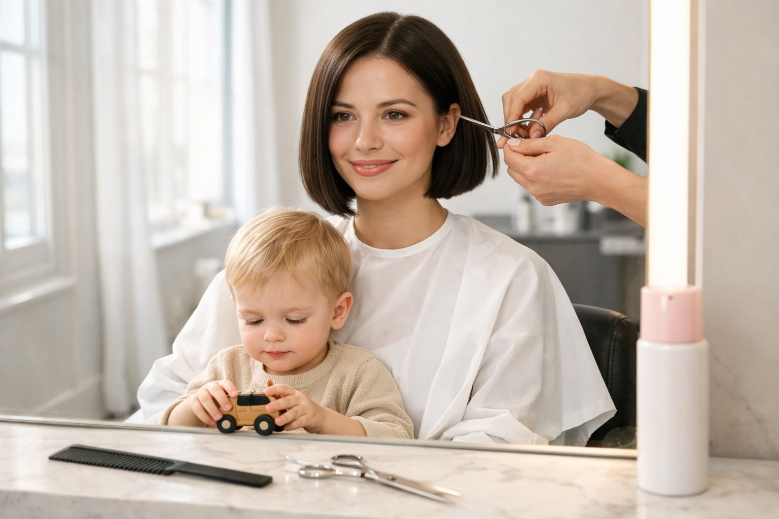 Mulher sorrindo recebe corte de cabelo enquanto criança brinca com carrinho em salão iluminado.