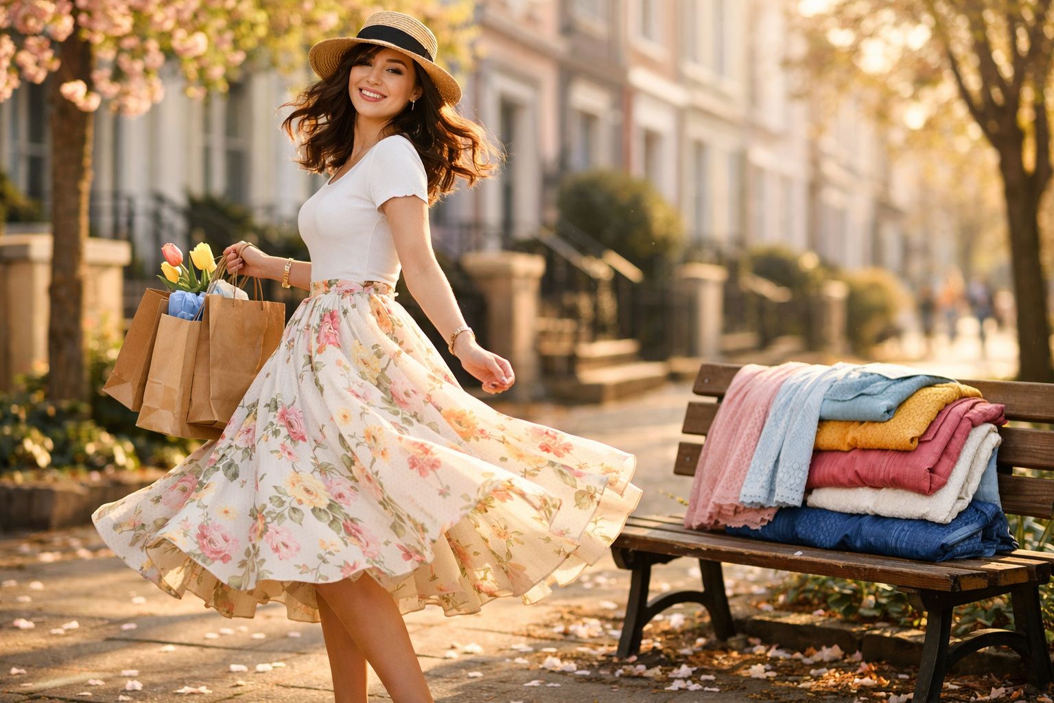 Mulher sorridente com chapéu e saia florida rodando na rua, segurando sacolas de compras e tulipas.