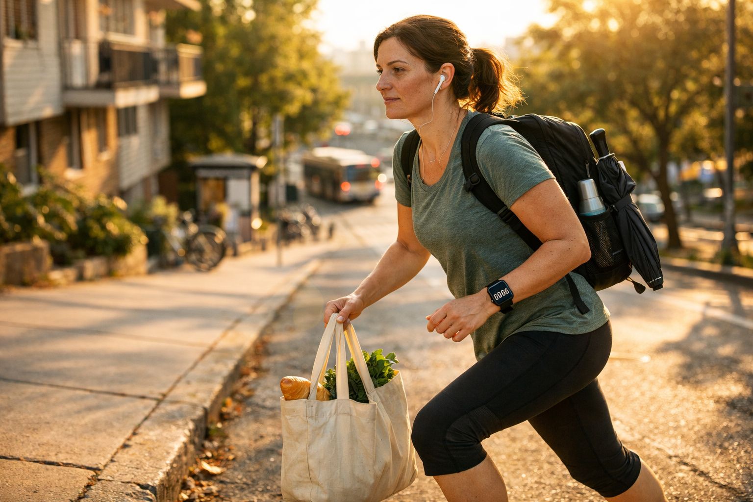 Mulher usando mochila e fones de ouvido sobe calçada segurando sacola com alimentos e legumes.