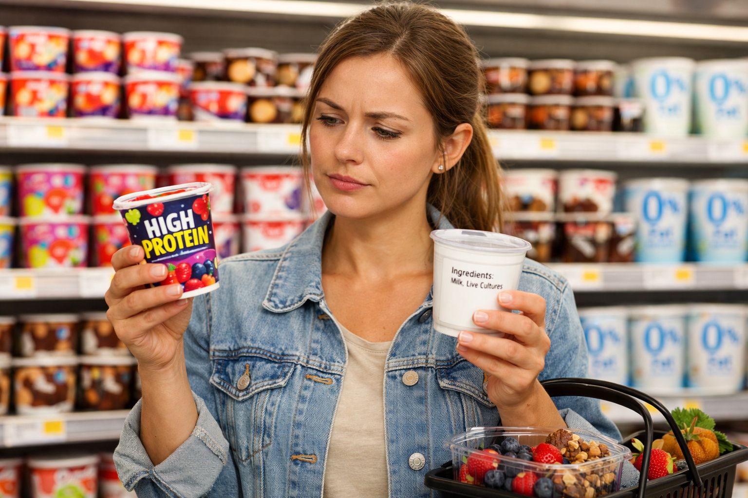 Mulher com jaqueta jeans comparando dois potes de iogurte em supermercado.