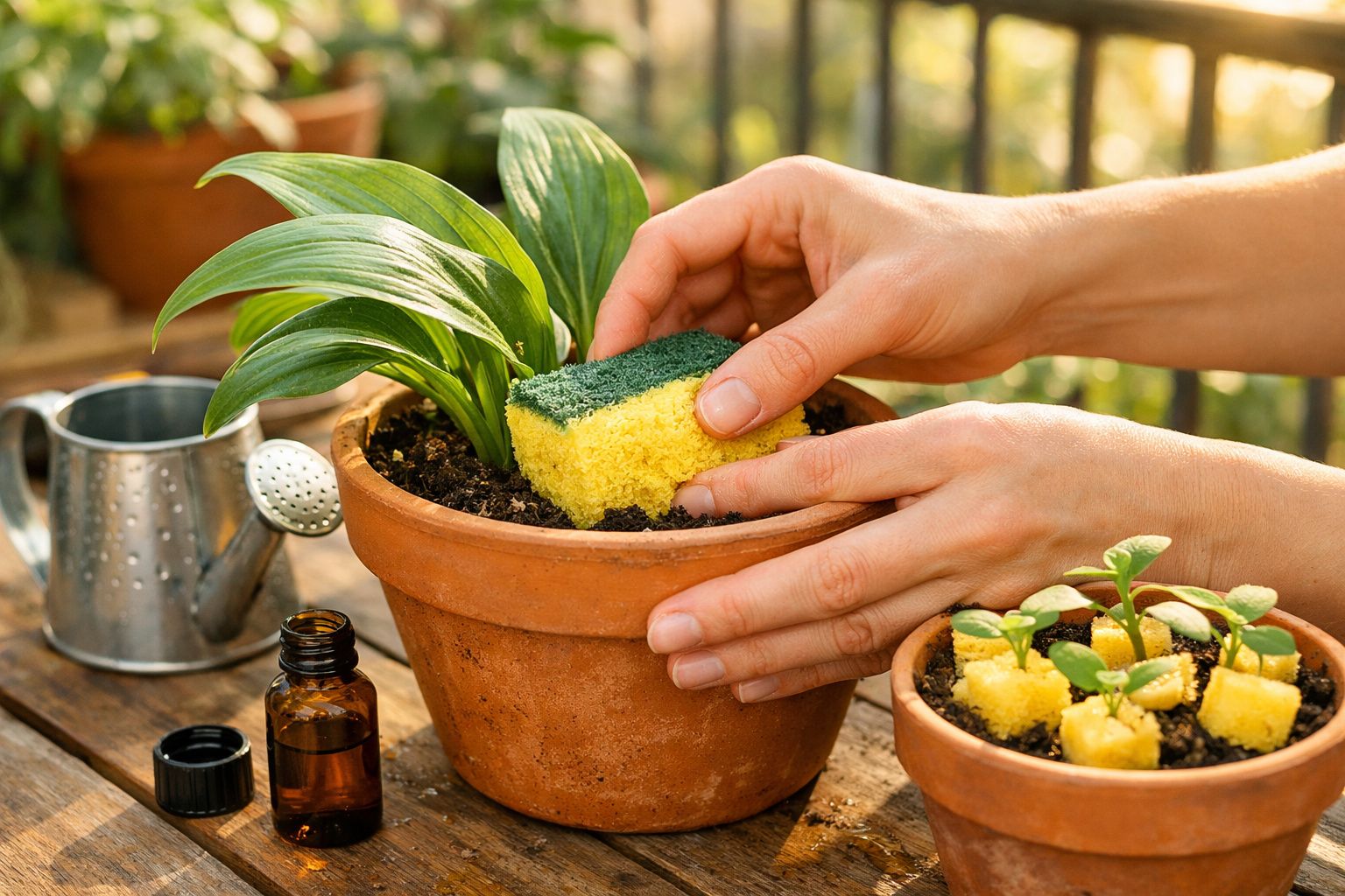 Pessoa limpando vaso de planta com esponja amarela, regador e frasco de óleo ao lado.