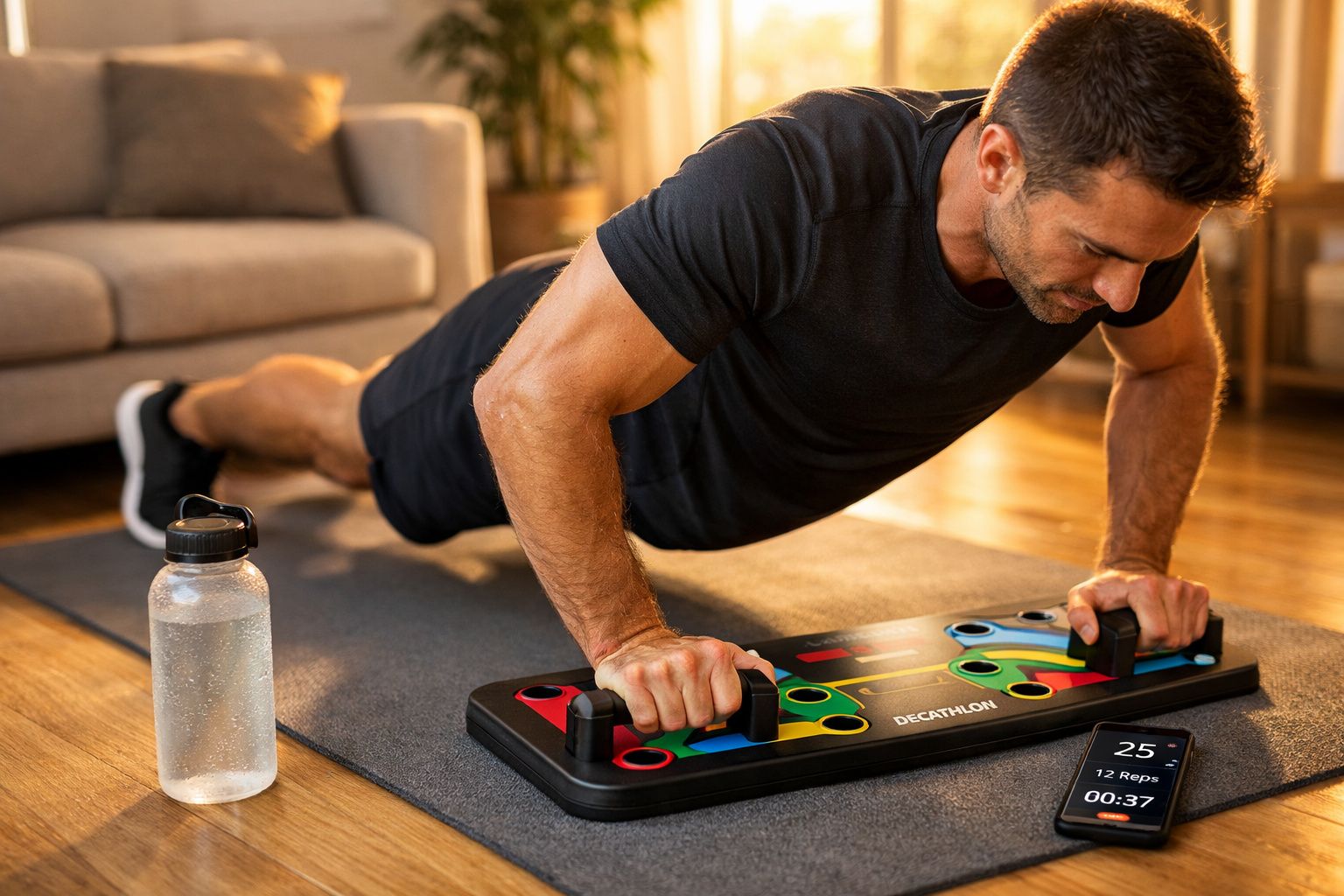 Homem fazendo flexão com apoio para mãos em tapete de exercício na sala, com garrafa e celular ao lado.