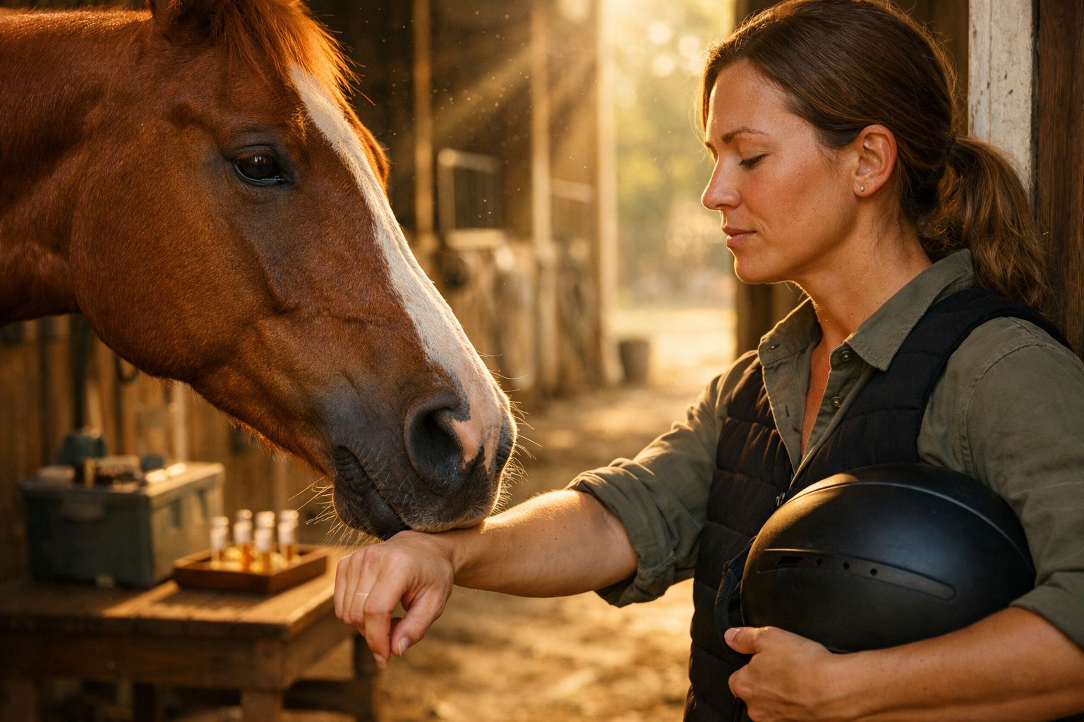 Mulher acariciando o focinho de um cavalo em um estábulo ao pôr do sol, segurando capacete.