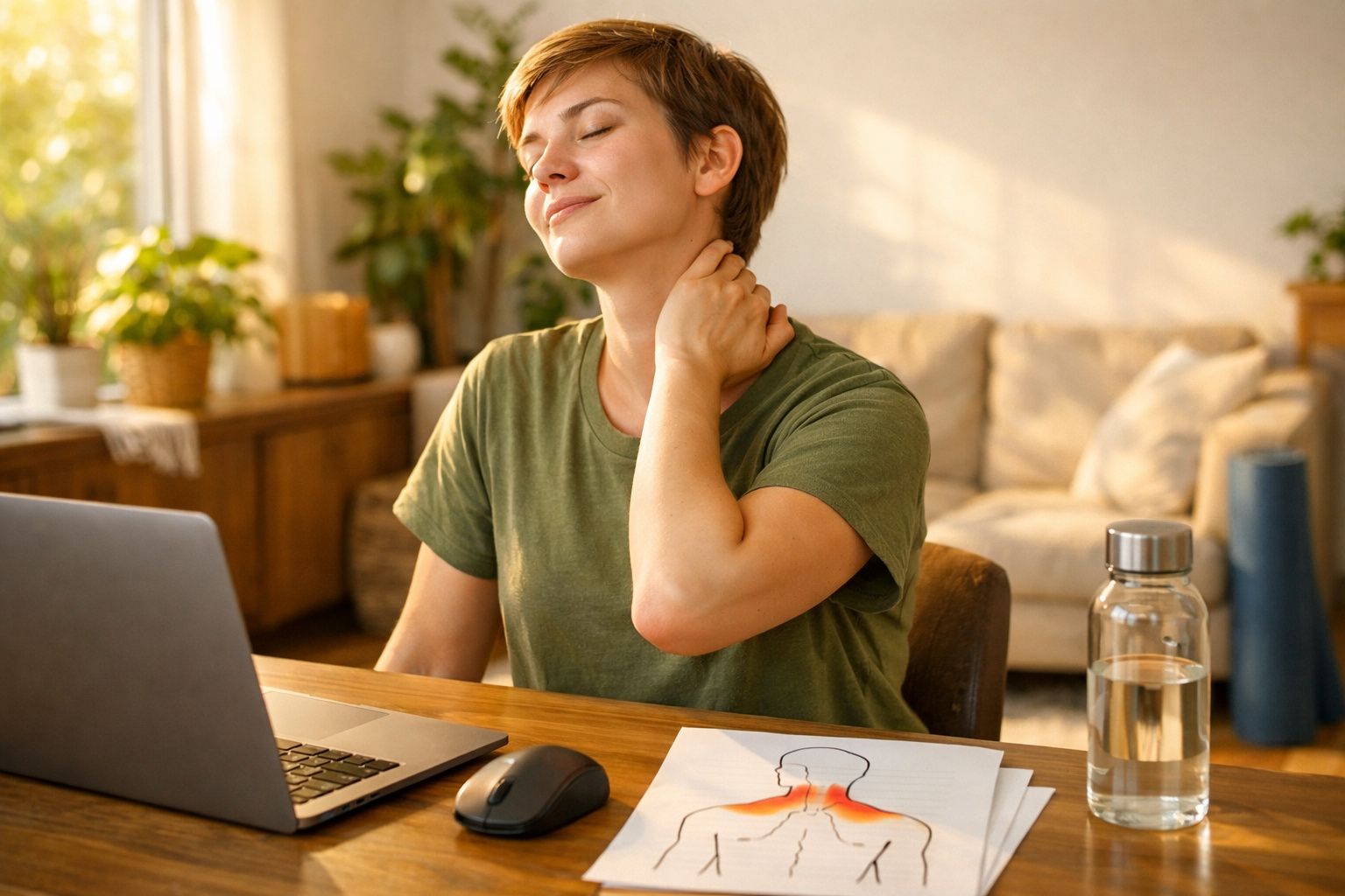 Mulher sentada em mesa com laptop massageando pescoço, indicando dor ou tensão muscular em ambiente iluminado.