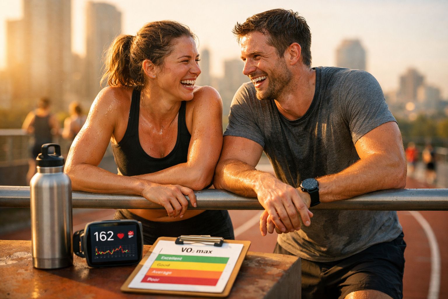Casal sorridente suado conversando após atividade física ao ar livre ao pôr do sol.