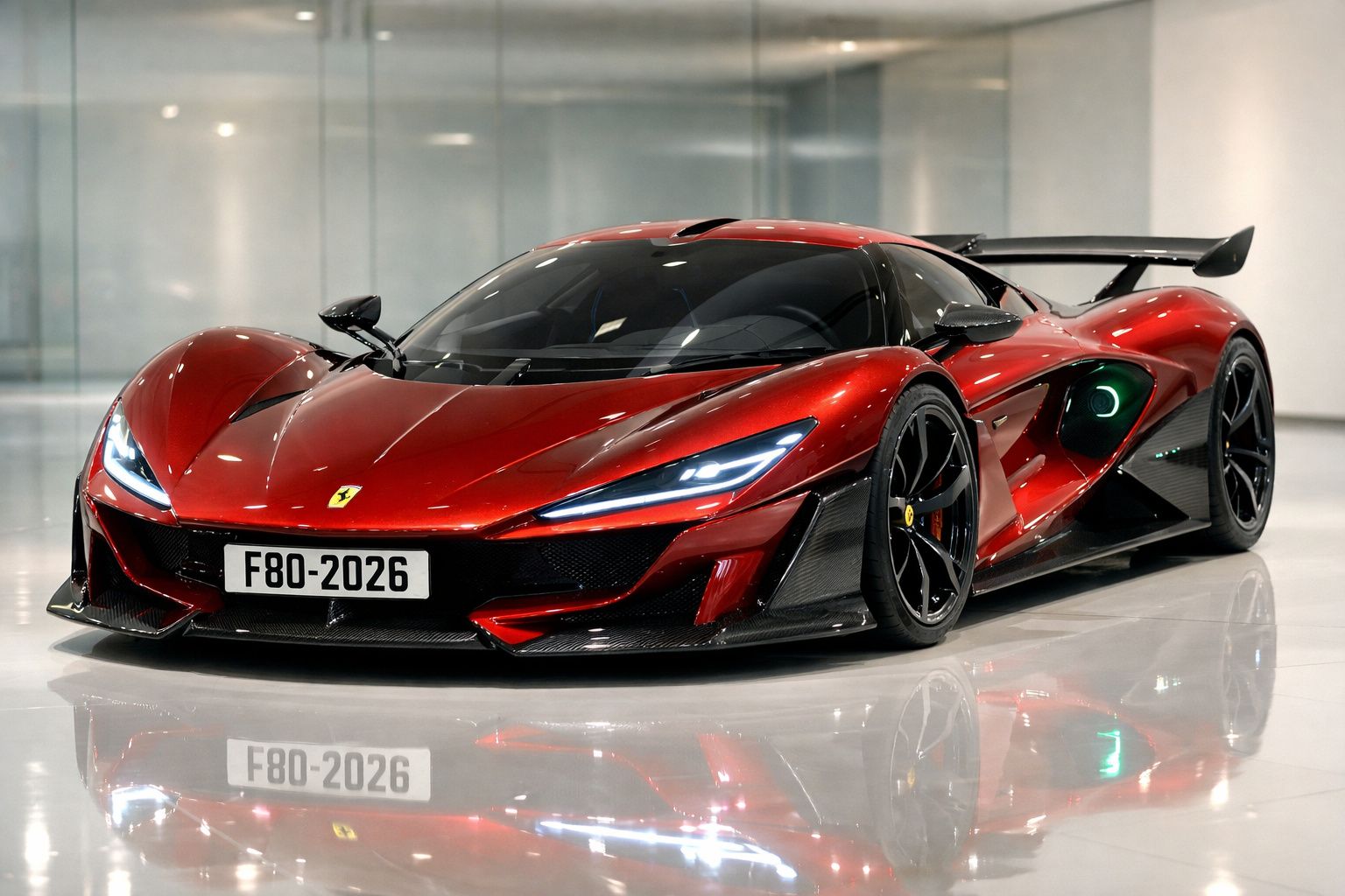 Carro esportivo vermelho Ferrari com design aerodinâmico e faróis LED, estacionado em piso branco brilhante.