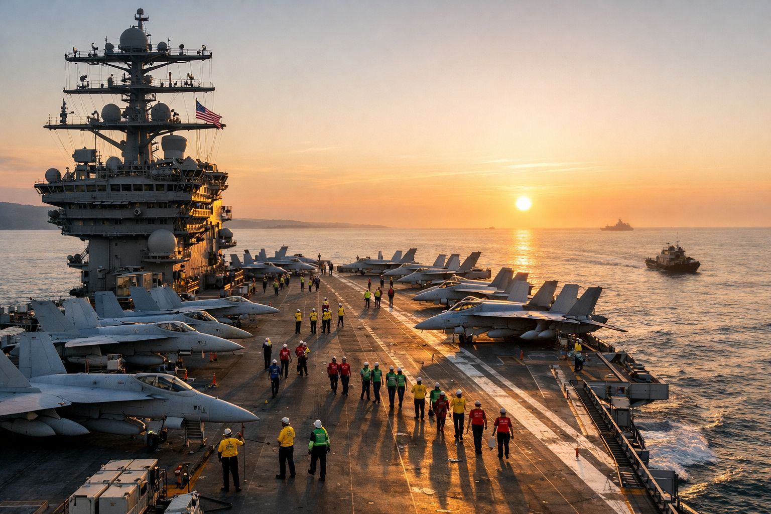 Porta-aviões com jatos estacionados e tripulação caminhando ao pôr do sol no oceano.