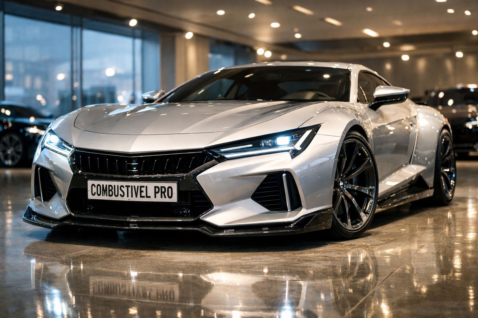 Carro esportivo prata com faróis acesos e placa escrita "COMBUSTIVEL PRO" em ambiente interno iluminado.