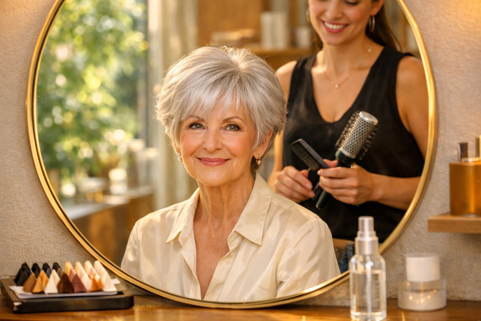 Idosa sorrindo sentada em salão de beleza, cabeleireira ao fundo segurando escova e pente.