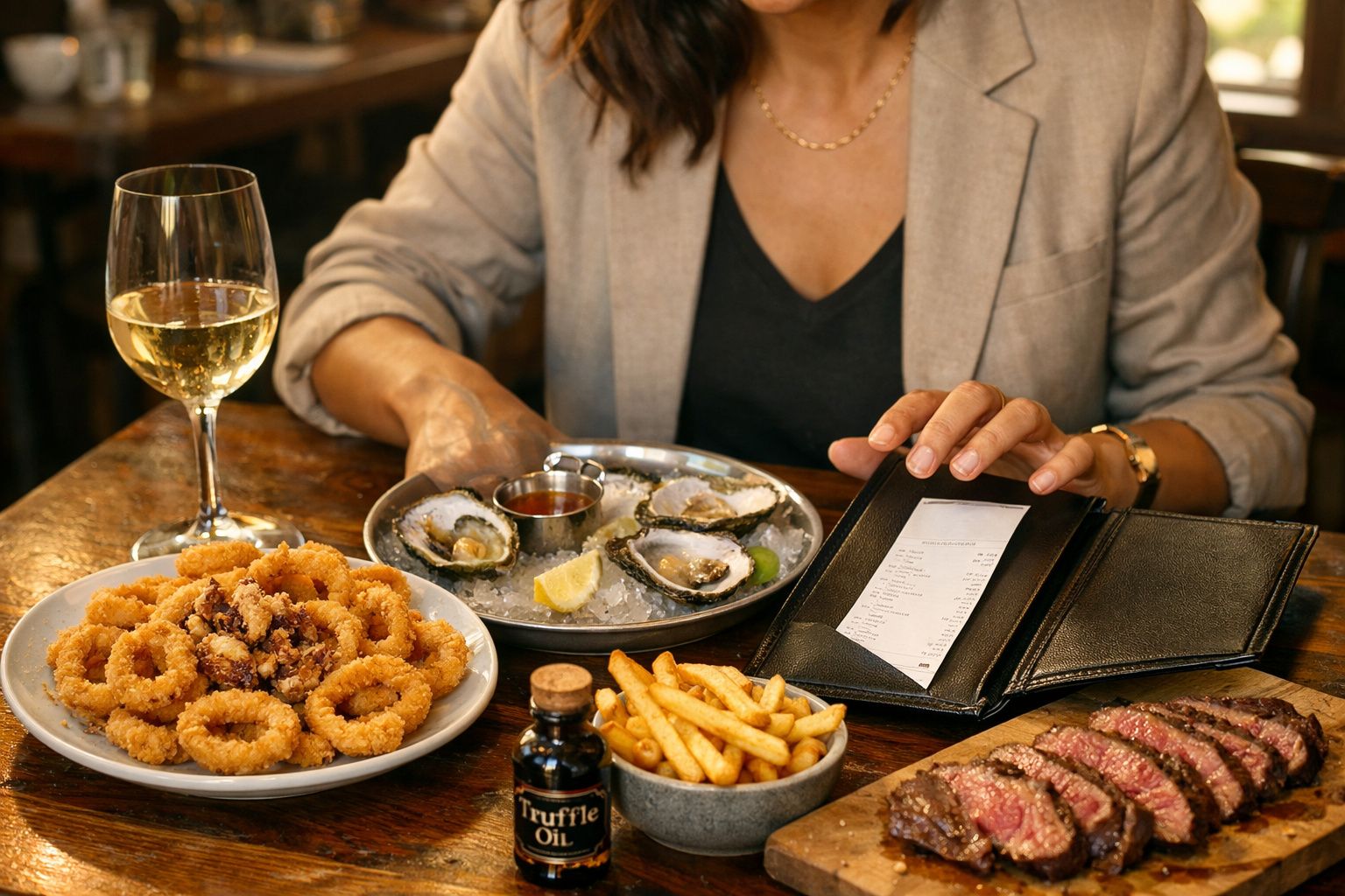 Pessoa lendo a conta em restaurante com pratos de frutos do mar, batatas fritas, vinho branco e carne fatiada.