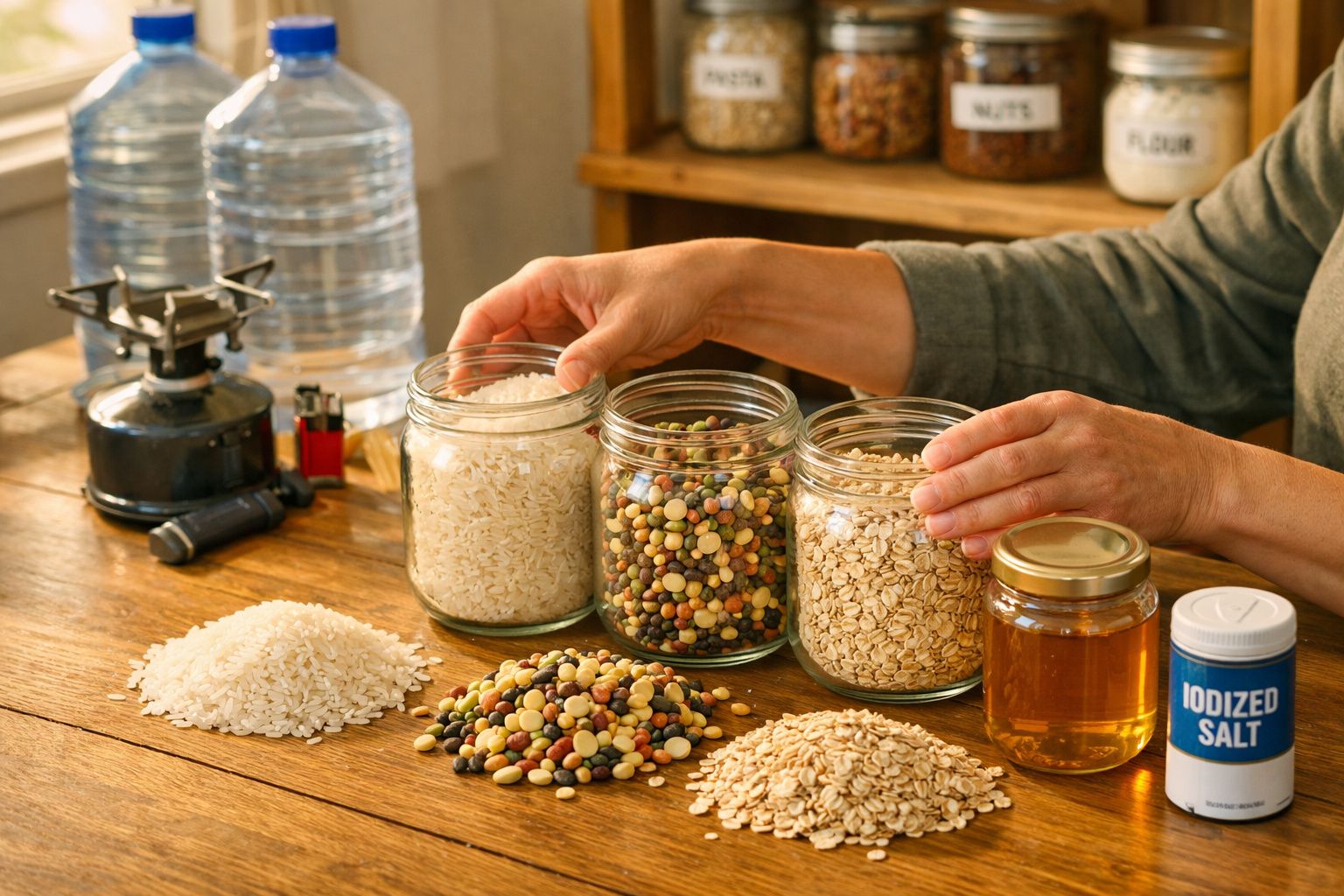 Mãos organizando potes com arroz, lentilhas, aveia, mel e sal iodado sobre mesa de madeira.