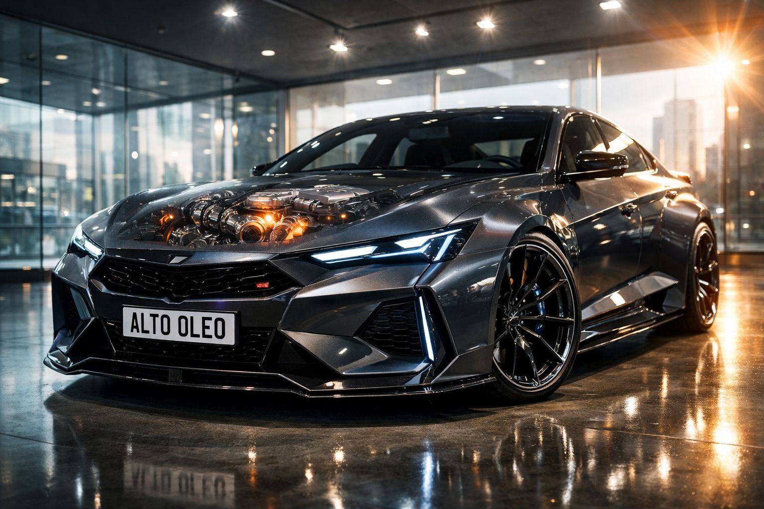 Carro esportivo preto com capô transparente mostrando motor, placa "ALTO OLEO", luzes acesas, garagem iluminada.