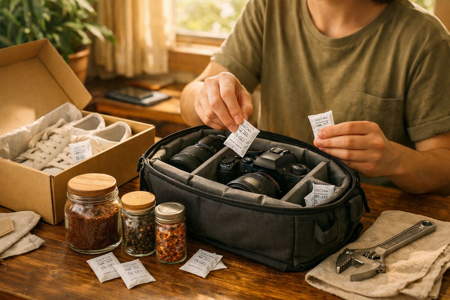 Pessoa organizando pacotes de gel antiumidade em bolsa fotográfica com câmera e lentes, ao lado de tênis e temperos.