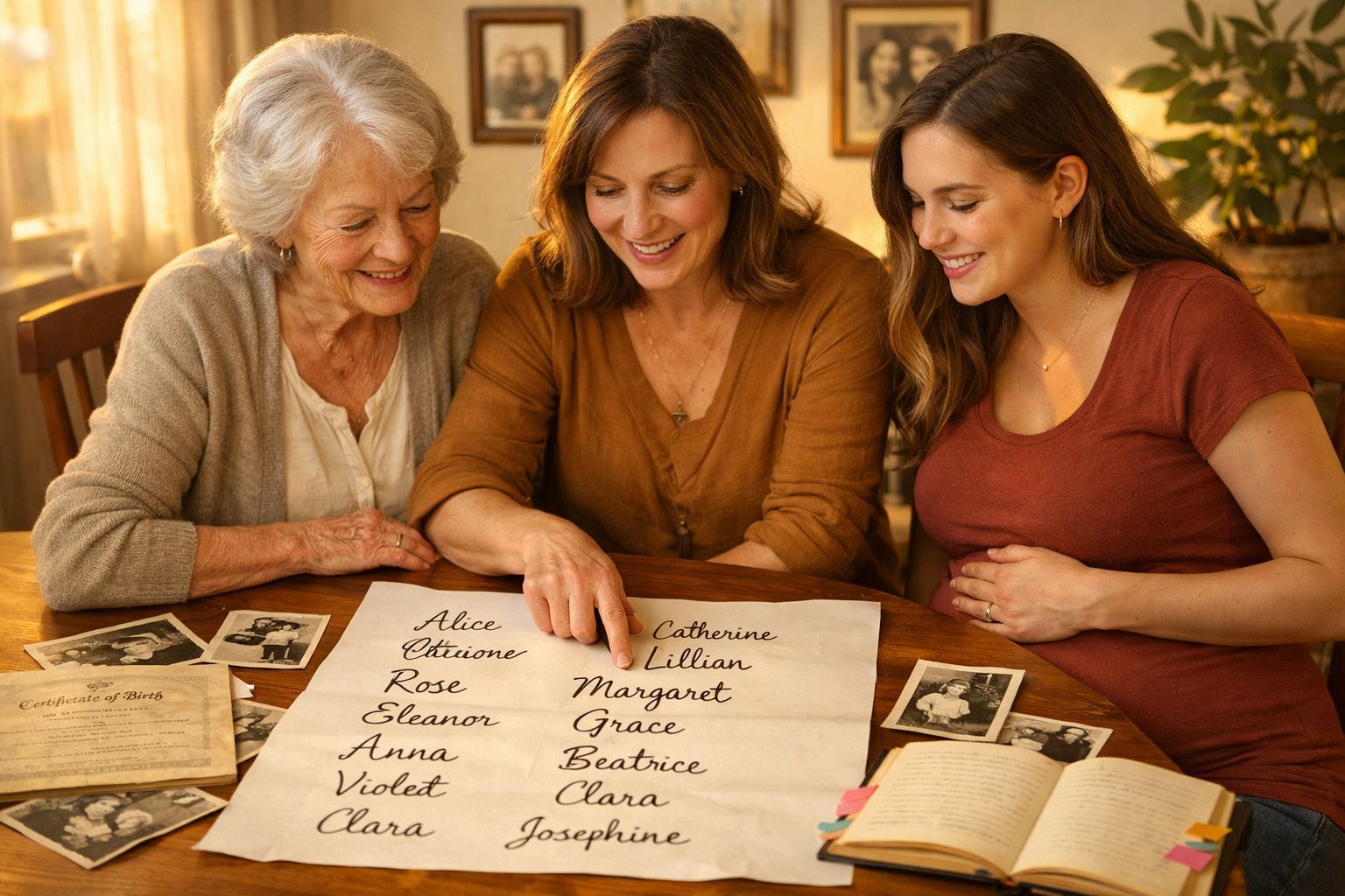 Três gerações de mulheres reunidas, olhando nomes escritos em papel, rodeadas por fotos e documentos antigos.
