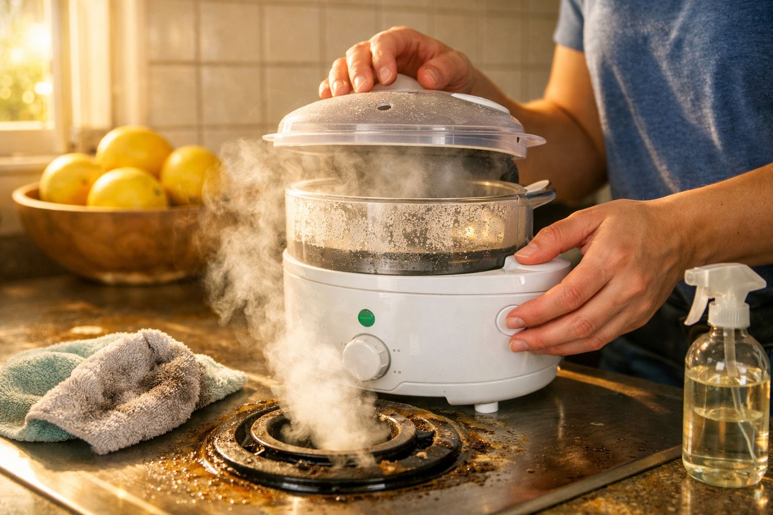 Pessoa retirando a tampa de panela elétrica com vapor saindo em cozinha iluminada com frutas ao fundo.