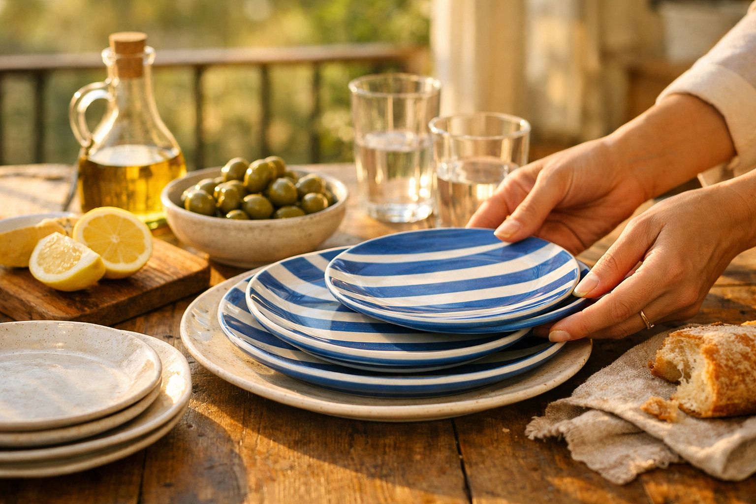 Mãos organizando pratos azuis listrados sobre mesa de madeira com azeitonas, limão, azeite e pão.