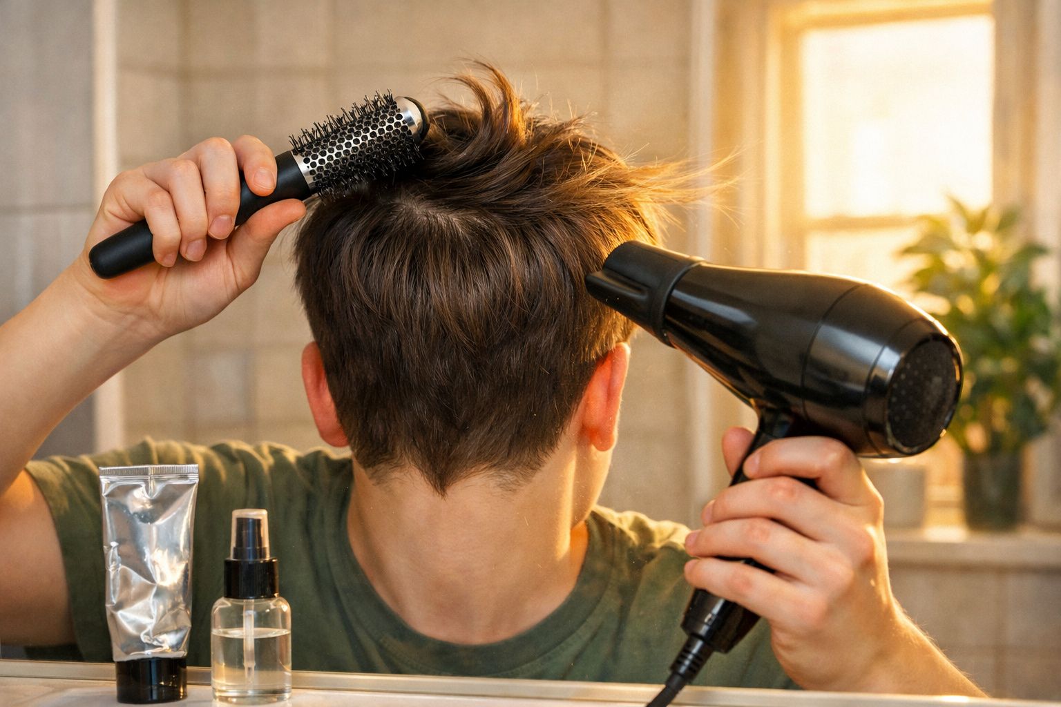 Pessoa secando e penteando cabelo com secador e escova redonda em banheiro iluminado pela manhã.