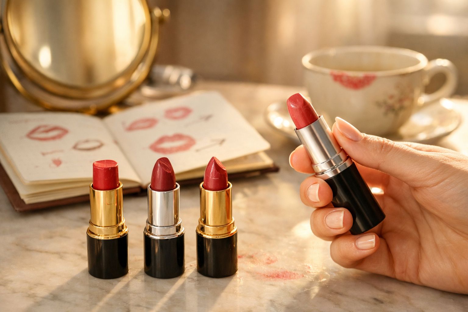 Três batons em tons de vermelho sobre mesa com mão segurando um batom aberto e caderno ao fundo.