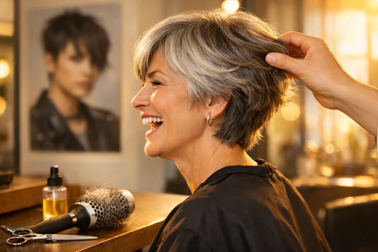 Mulher sorridente recebendo corte de cabelo em salão com escova e óleo sobre a mesa.