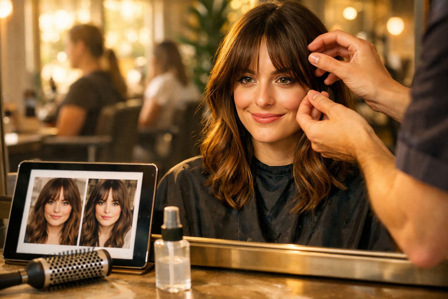 Mulher com cabelo castanho médio sendo maquiada em salão, refletida no espelho com fotos digitais ao lado.