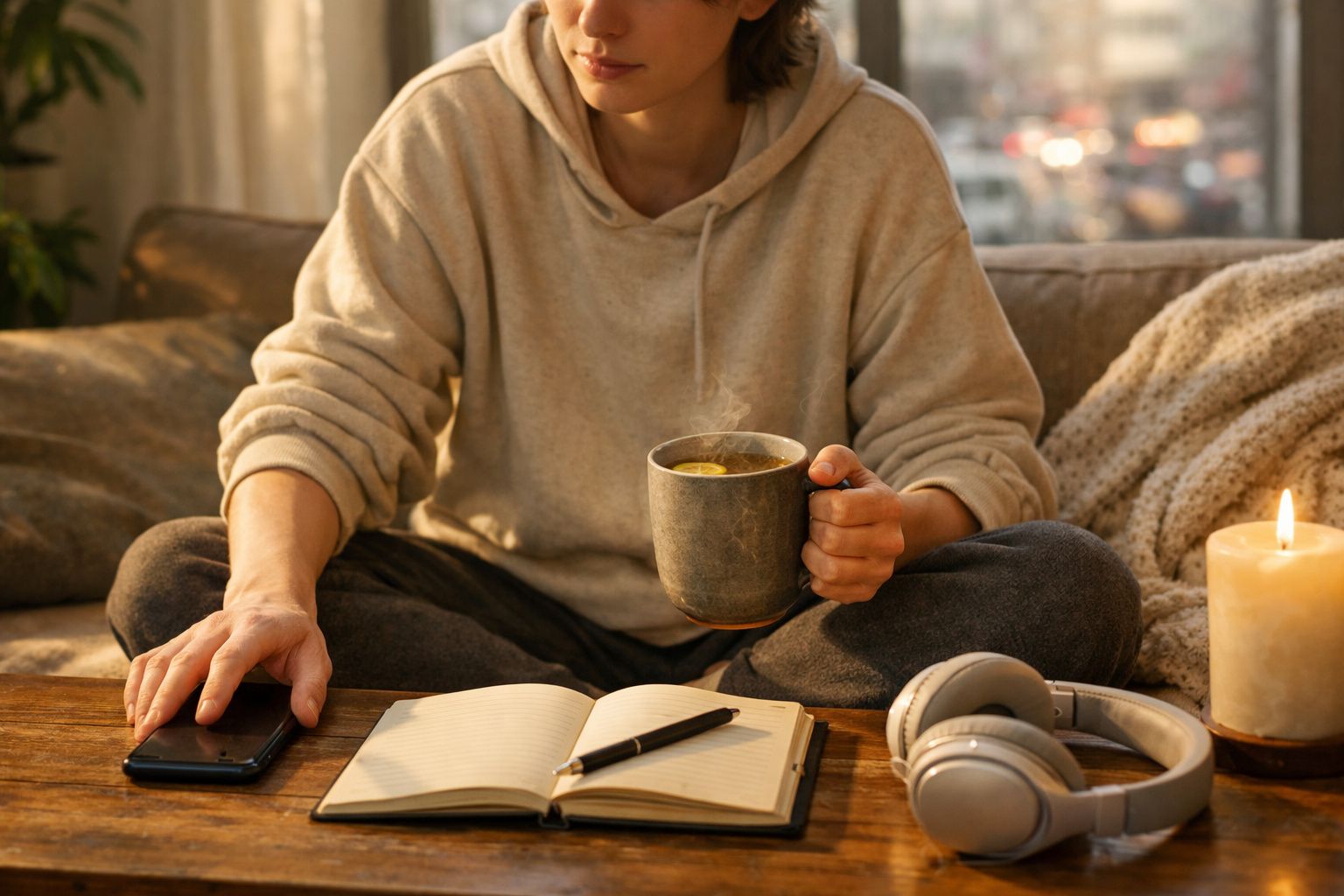 Pessoa segurando caneca quente, tocando celular, com caderno aberto, fone e vela acesa em mesa de madeira.