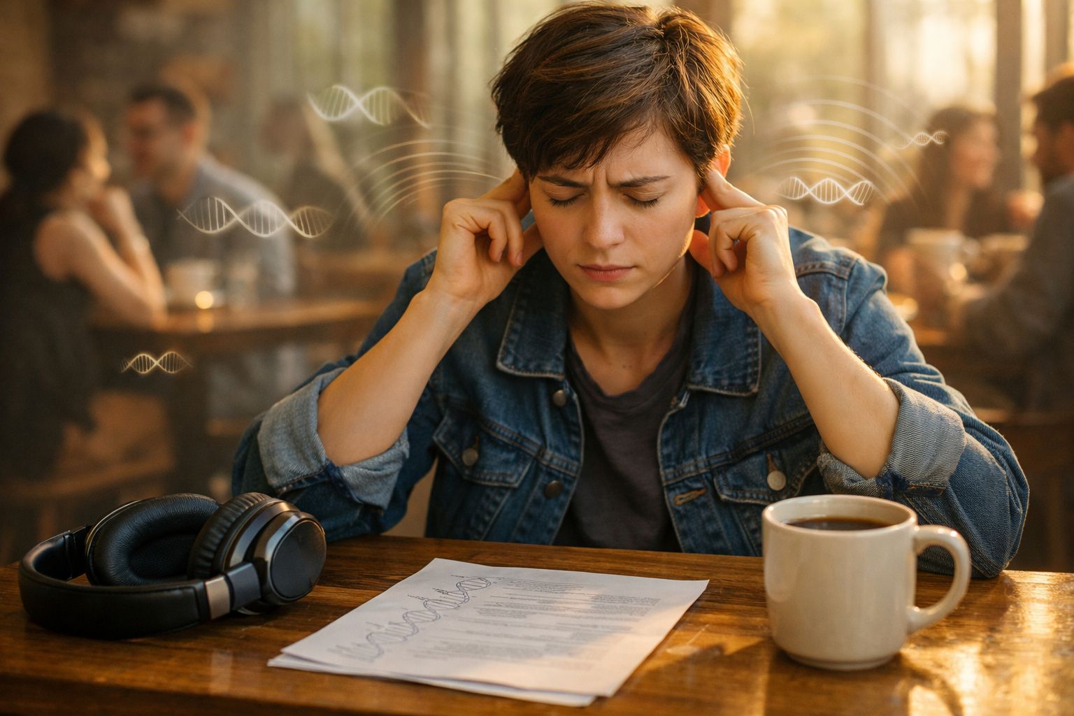 Mulher com expressão de concentração tampando os ouvidos sentada à mesa com fones, documento e café.