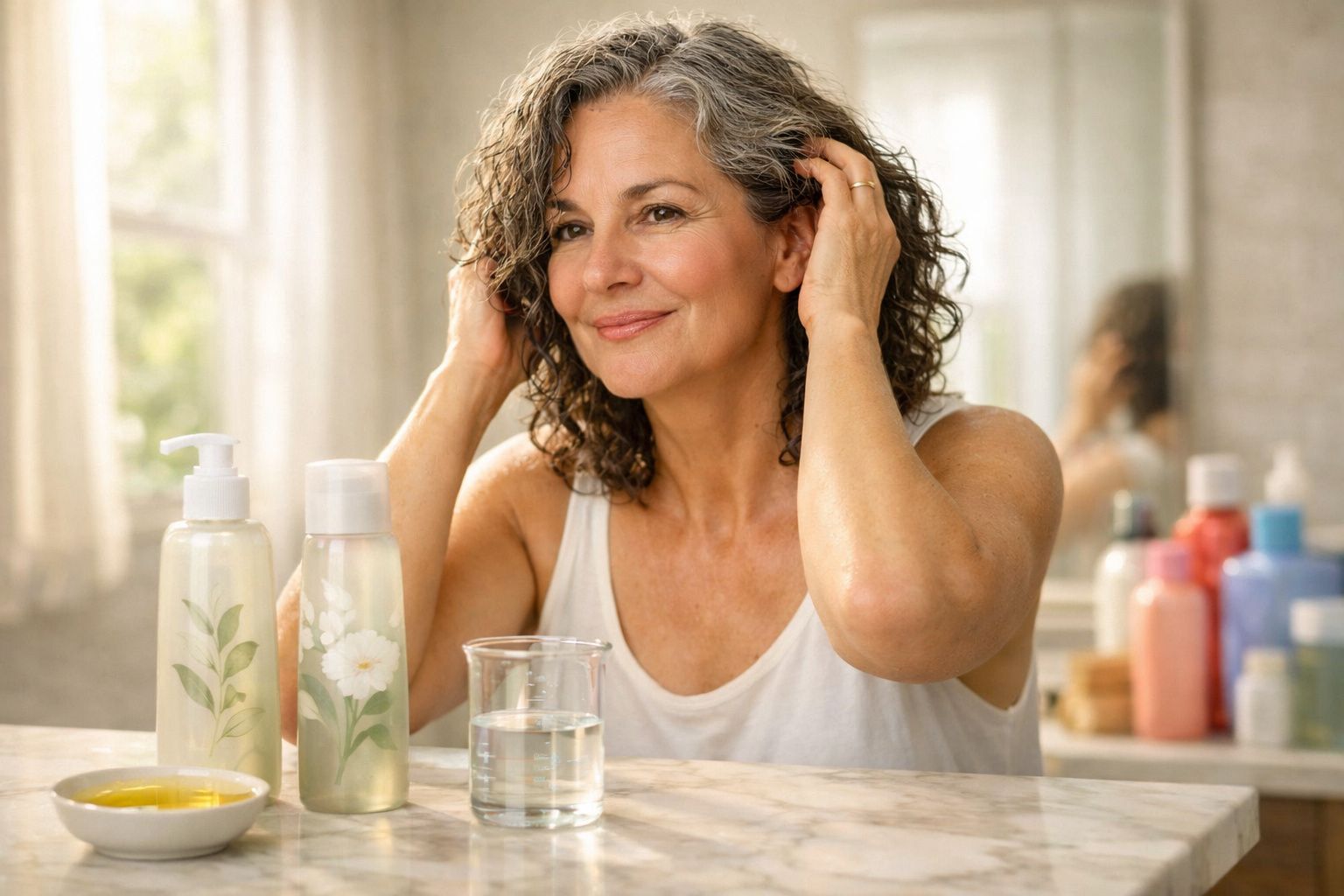 Mulher madura sorrindo e ajeitando o cabelo em frente ao espelho com produtos de beleza sobre a bancada.