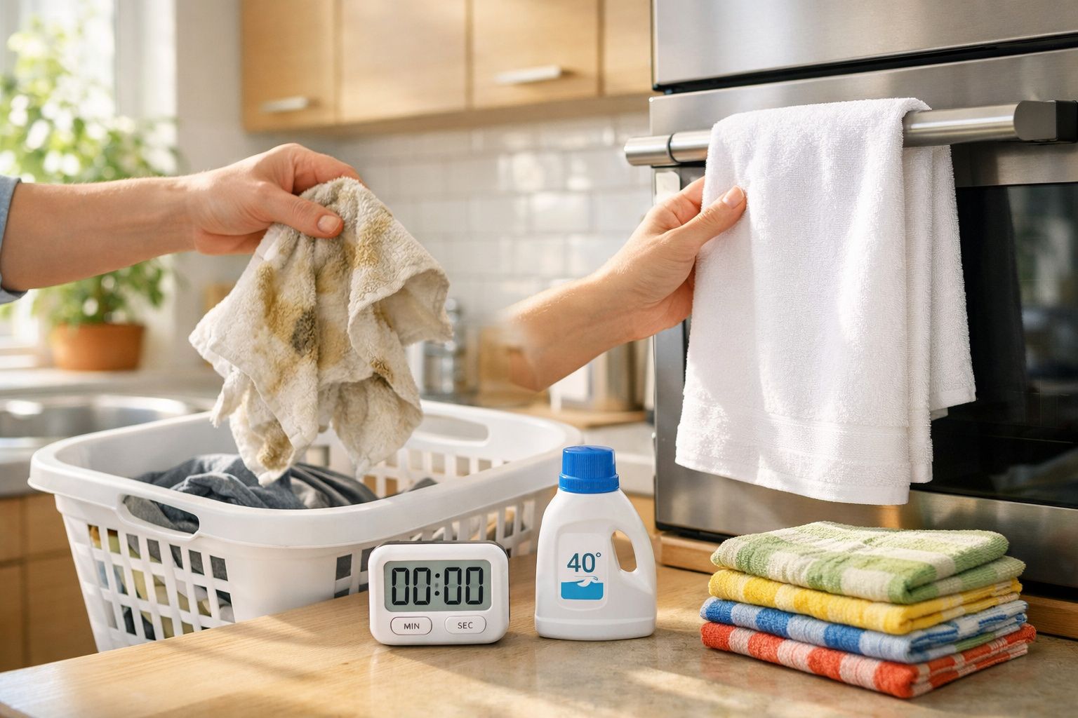 Mãos segurando pano sujo e pano limpo, cesto de roupa, detergente e toalhas dobradas na cozinha.