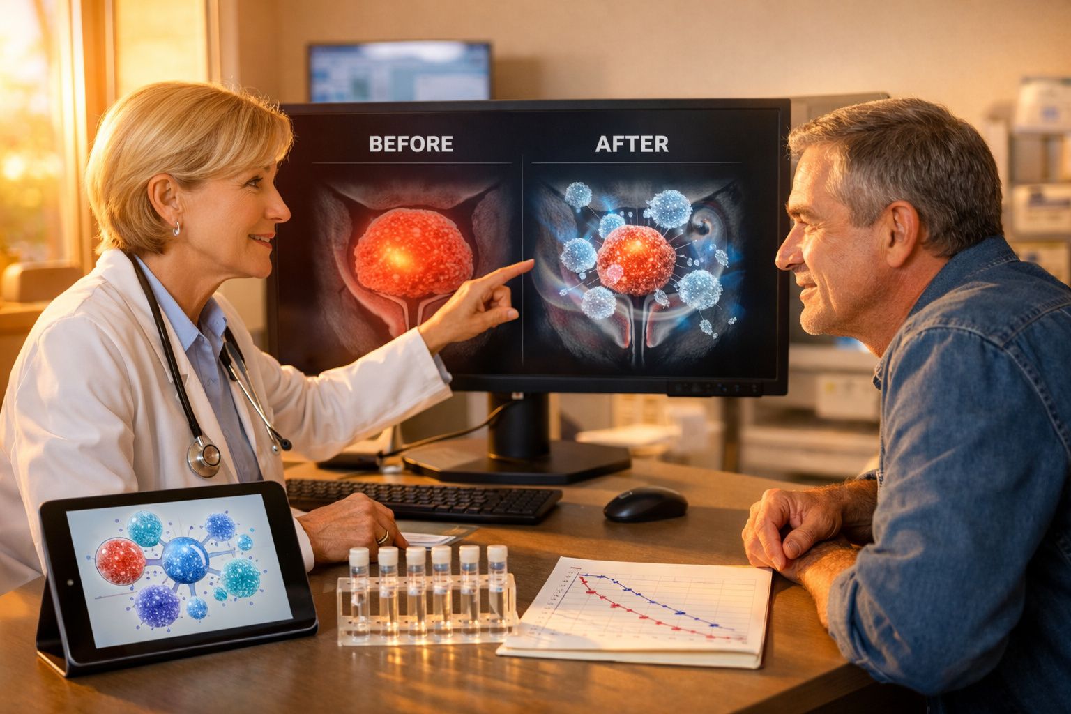 Médica explicando resultados de tratamento para câncer de próstata a paciente em consultório.
