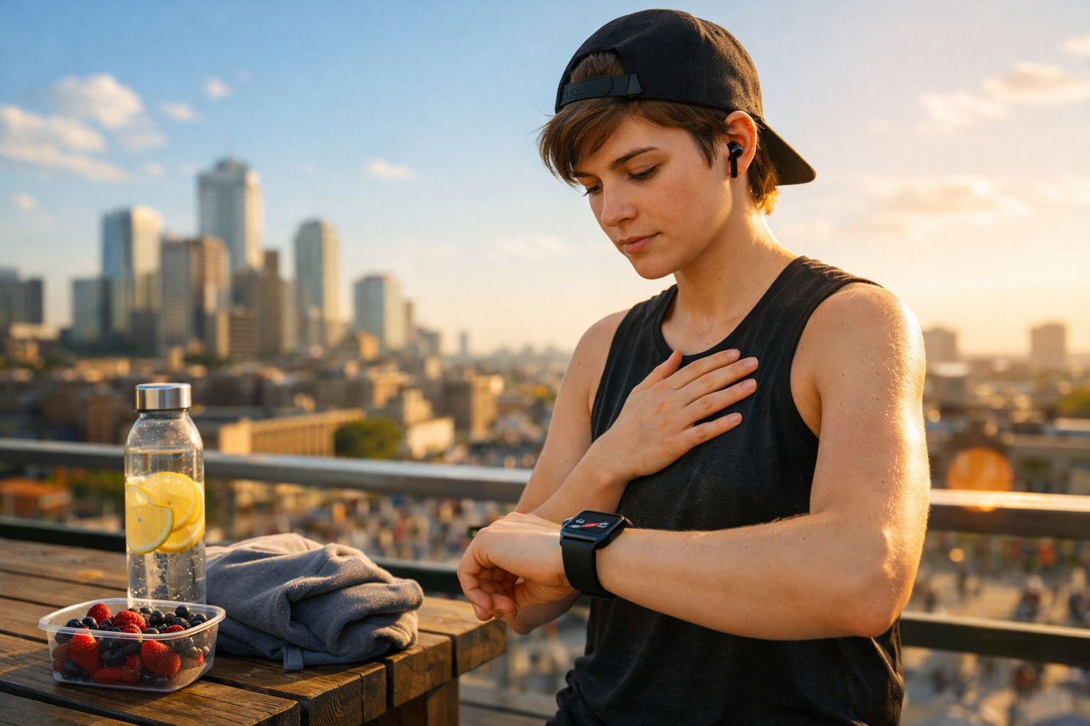 Pessoa jovem com roupas esportivas e boné checando relógio inteligente ao ar livre, com cidade ao fundo.