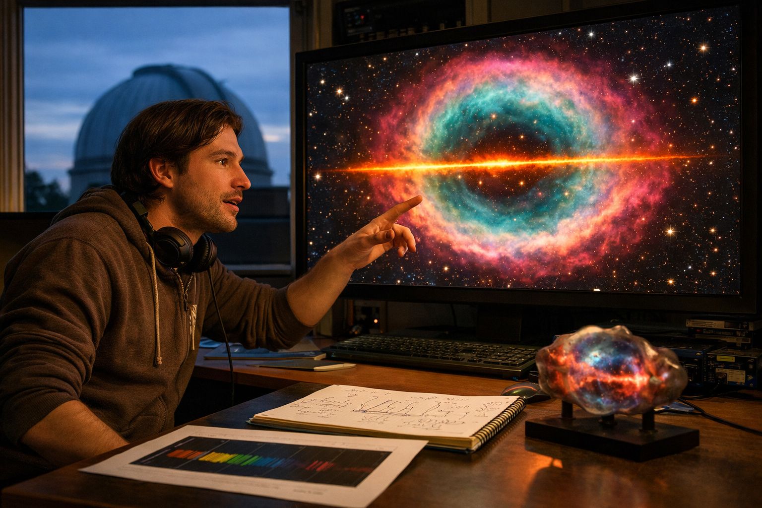 Homem em escritório observa e aponta para imagem colorida de galáxia na tela do computador.